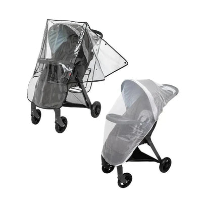 Nuby Eco Stroller Weather Shield and Insect Netting Set displayed on a stroller, showcasing clear protective covers.