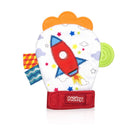 Teething mitten featuring a colorful rocket design, with textured elements and various fabric patterns for sensory play.