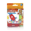Nuby Funky Mitts Teething Mitten in Rocket design, includes 1 teether mitten and 1 travel bag, BPA free, suitable for 3 months and older.