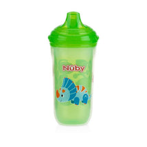 Nuby Insulated No-Spill Easy Sip Cup in green, featuring a blue dinosaur design and a spill-proof lid, holds 9 oz.