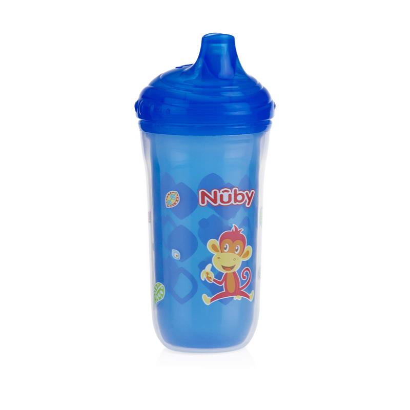 Nuby Insulated No-Spill Easy Sip Cup, 9 oz, blue with a monkey design, ideal for boys, features a spill-proof lid.