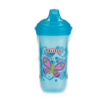 Insulated no-spill cup from Nuby, 9 oz, with a blue lid and a butterfly design, suitable for young children.