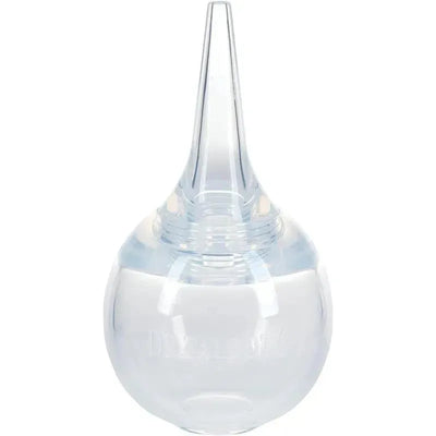 Large bulb nasal aspirator from Nuby, designed for clearing nasal congestion, featuring a clear, bulbous body and a tapered nozzle.
