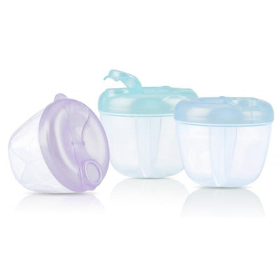Three colorful Nuby Natural Touch Formula Powder Dispensers in purple and blue, designed for easy formula measurement and dispensing.