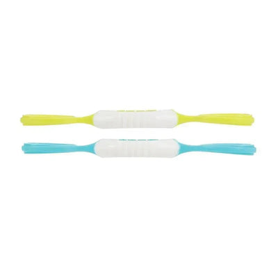 Two Nuby Dip & Scoop Spoons in neutral colors, one yellow and one blue, featuring soft grips for easy handling.