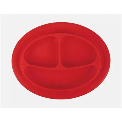 Red ovular silicone feeding mat with three sectioned compartments designed for children’s meals.
