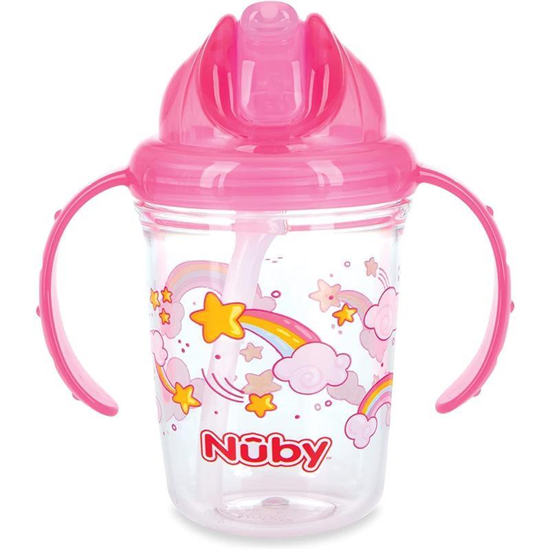 Nuby - Pink Tritan 2 Handle No-Spill Flip-it Fat Straw Printed Cup, 8Oz Image 1