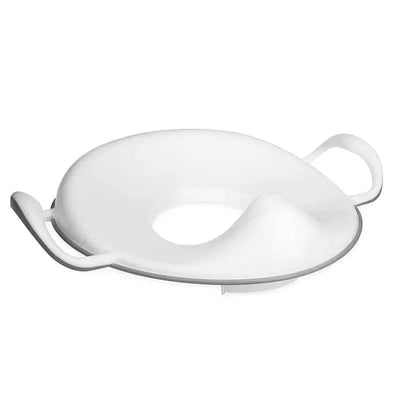 White Nuby Potty Topper with handles designed for toddlers to aid in toilet training.