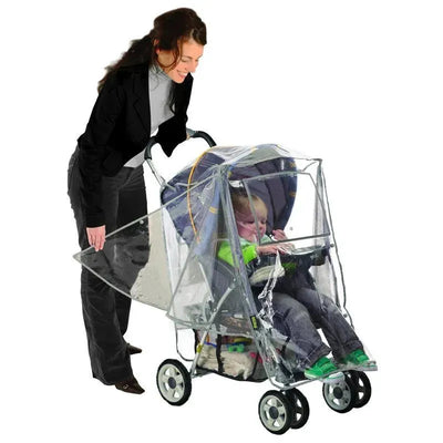 Premium Stroller Weather Shield by Nuby covering a child in a stroller, protecting against rain and wind.