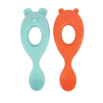Silicone character spoons in bear and mouse designs, featuring soft grips and vibrant colors. Perfect for toddlers.