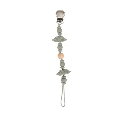 Silicone pacifier clip with a mustache design, featuring gray beads, a wooden bead, and a metal clip for attachment.