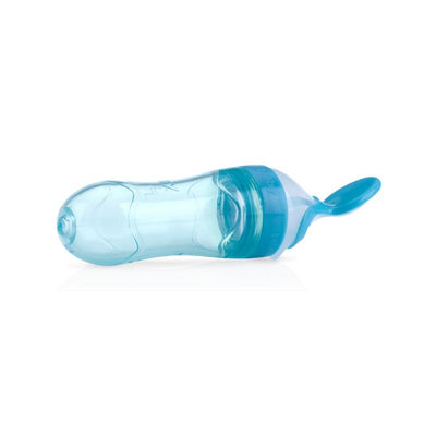 Silicone squeeze feeder by Nuby in transparent blue, designed for easy feeding of purées and liquids to infants.