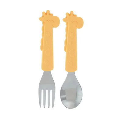 Yellow giraffe-shaped fork and spoon set with stainless steel and silicone handles, designed for children.