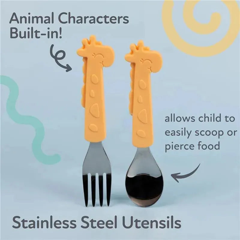 Nuby - Silicone Stainless Steel Giraffe Fork & Spoon - Yellow Image 3