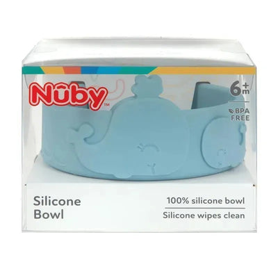 Nuby silicone whale feeding bowl in blue, 100% silicone, BPA free, packaged for ages 6+ months.