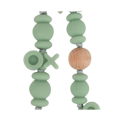 Silicone and wood beaded pacifier clip holder with stainless steel clip features green beads and a natural wood accent.