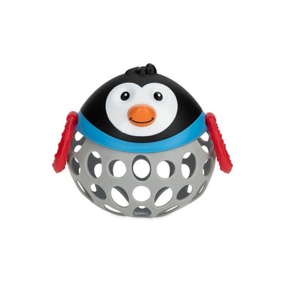 Nuby Silly Shaker Rattle Toy designed as a penguin, featuring a smiling face, red handles, and a gray open design for easy grasping.