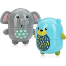 Nuby Silly Squirts bath toys featuring a gray elephant with a polka dot belly and a blue bear with yellow and green accents.