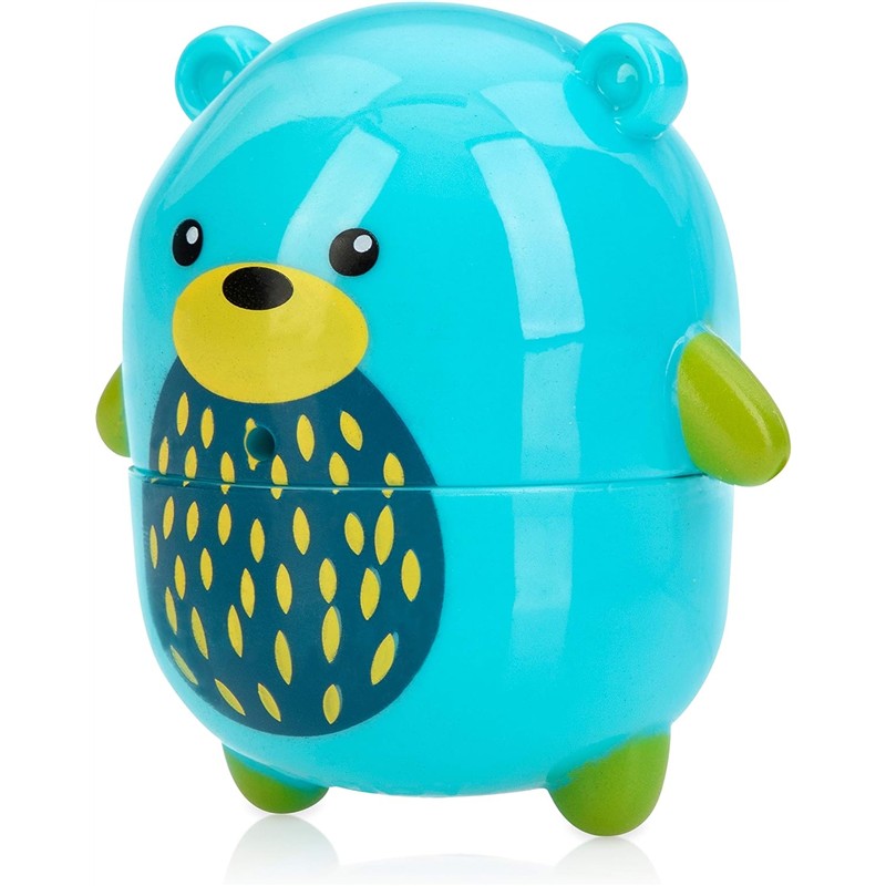 Nuby Silly Squirts bath toy in the shape of a blue bear with a yellow belly and green feet, designed for bath play.