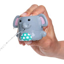 Nuby Silly Squirts bath toy of a gray elephant being squeezed to spray water, with a polka-dotted belly.
