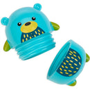 Nuby Silly Squirts Bear bath toy, featuring a cute blue bear design with yellow and green details, split in two.