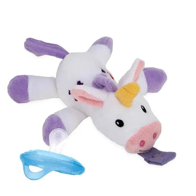 Nuby Snuggleez Pacifinder features a soft unicorn plush with a silicone pacifier attached.