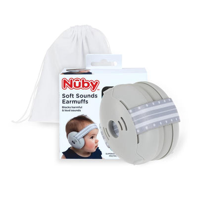 Nuby Soft Sounds Adjustable Baby Earmuffs with gray padding and a polka dot strap, packaged for noise protection.
