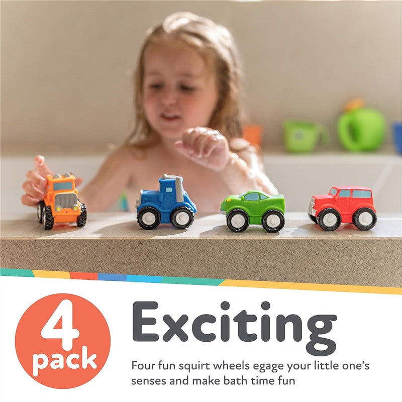 Four colorful squirt wheel bath toys—orange truck, blue tractor, green car, and red vehicle—engaging a child in a bath.
