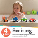 Four colorful squirt wheel bath toys—orange truck, blue tractor, green car, and red vehicle—engaging a child in a bath.