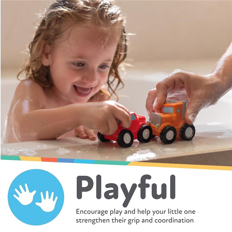 Child playing with red and orange Nuby Squirt Wheels bath toys in a bubbly bathtub.