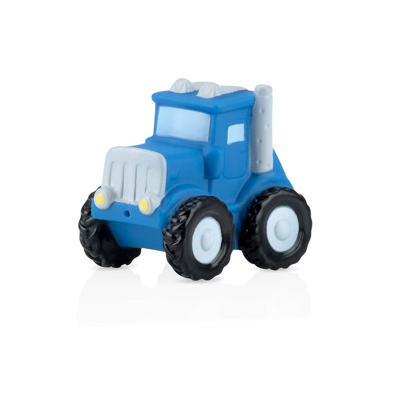 Blue toy tractor with black wheels, part of the Nuby Squirt Wheels Bath Toys, designed for water play.