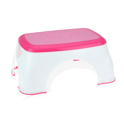 Nuby Step Up Stool in pink and white, designed for children to reach high places safely.
