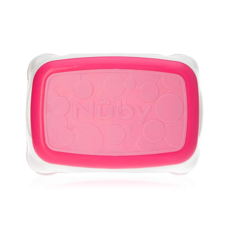 Step stool in pink with a rounded design and bubble pattern, featuring the Nuby logo prominently on the surface.