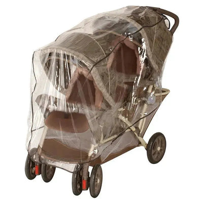 Clear plastic weather shield for Nuby tandem stroller, providing protection from outdoor elements.
