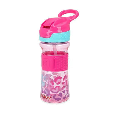 Pink Nuby Thirsty Kids 12Oz Flip-It cup with soft spout, featuring a colorful heart and leopard print design.