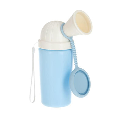 Portable blue travel potty urinal for boys with a removable funnel and attached lid for hygiene.