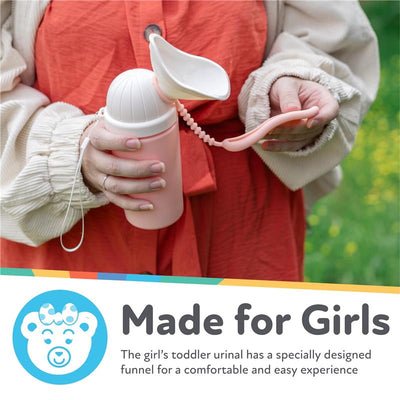 Toddler urinal for girls in pink with a detachable funnel, designed for easy and comfortable use.