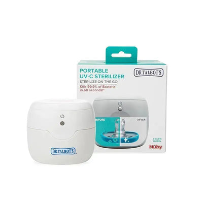 Portable UV-C sterilizer in white, designed to kill 99.9% of bacteria in 60 seconds, displayed with packaging.