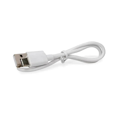 White USB charging cable, featuring a standard USB connector and a micro USB connector at the other end.