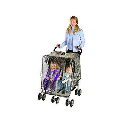 Nuby Weather Shield for side-by-side strollers, with a woman pushing it and two children inside, protected from weather.