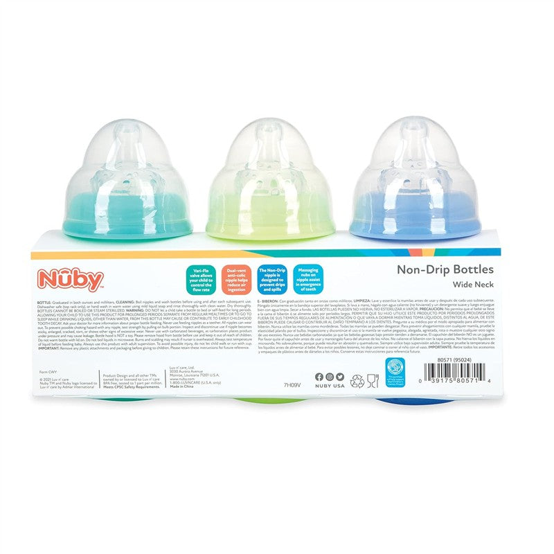 Nuby Wide Neck Non-Drip Bottles, 8 oz, 3-Pack - Boy Colors