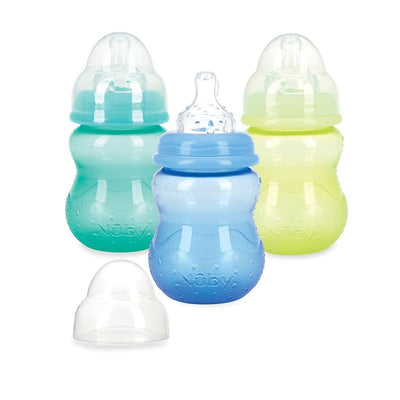 Nuby Wide Neck Non-Drip Bottles in blue, green, and yellow, 8 oz size, featuring soft nipples and textured grips.