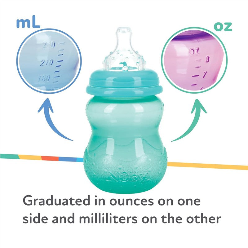 Nuby Wide Neck Non-Drip Bottle, 8 oz in blue, featuring measurements in ounces and milliliters, designed for infants.