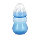 Nuby Wide Neck Non-Drip Bottle in light blue, 8 oz, featuring a textured grip and a clear, non-drip nipple.