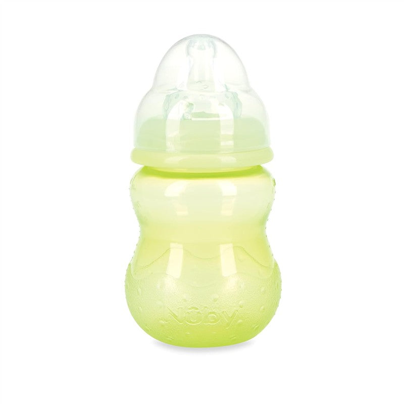 Nuby Wide Neck Non-Drip Bottle, 8 oz, features a soft green design ideal for babies, with a clear nipple and textured grip.