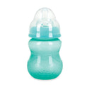 Nuby Wide Neck Non-Drip Bottle in teal, 8 oz capacity, features a clear anti-colic nipple and a textured grip for easy handling.