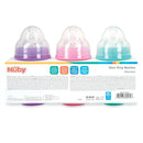 Nuby Wide Neck Non-Drip Bottles, 8 oz, 3-Pack in girl colors: purple, pink, and teal, with product descriptions on the back.