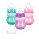 Nuby Wide Neck Non-Drip Bottles, 8 oz, 3-pack in pink, purple, and blue colors with clear nipples and green cap.