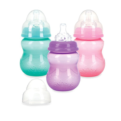Nuby Wide Neck Non-Drip Bottles, 8 oz, 3-pack in pink, purple, and blue colors with clear nipples and green cap.