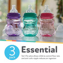 Nuby Wide Neck Non-Drip Bottles, 8 oz, 3-pack in purple, teal, and pink, featuring anti-colic nipples and Vari-Flo valve.